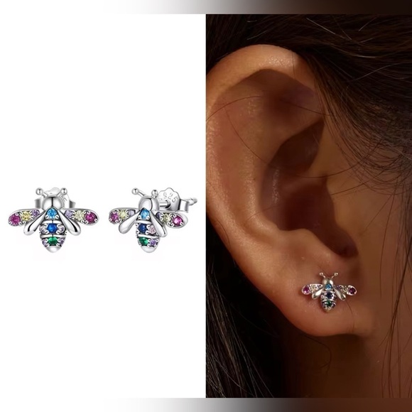 925 Sterling Silver Bohemian Rainbow Zircon Bumblebee Honey Bee Stud Earrings - Picture 2 of 6